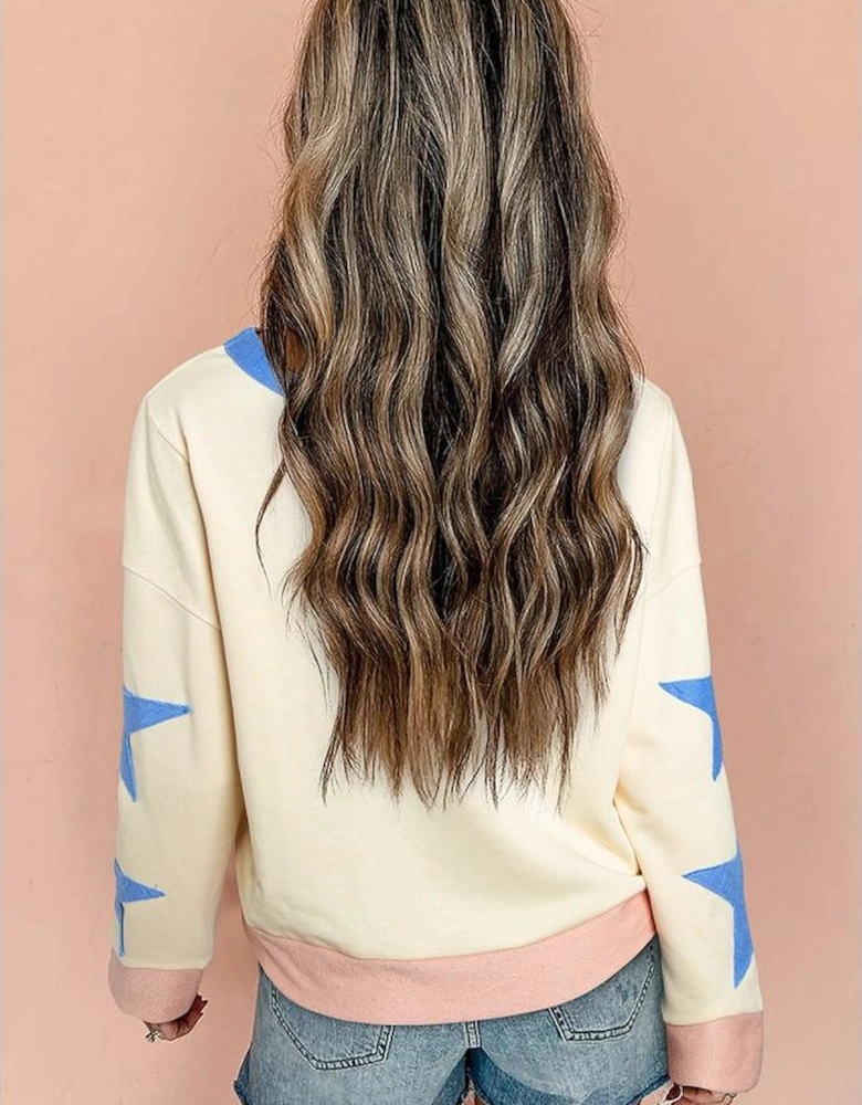 Beige Sequin Rugby Graphic Starry Patched Contrast Trim Game Day Sweatshirt