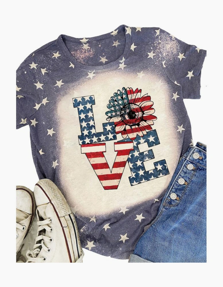 Blue Starlet Allover Bleached LOVE Sunflower Flag Graphic Tee