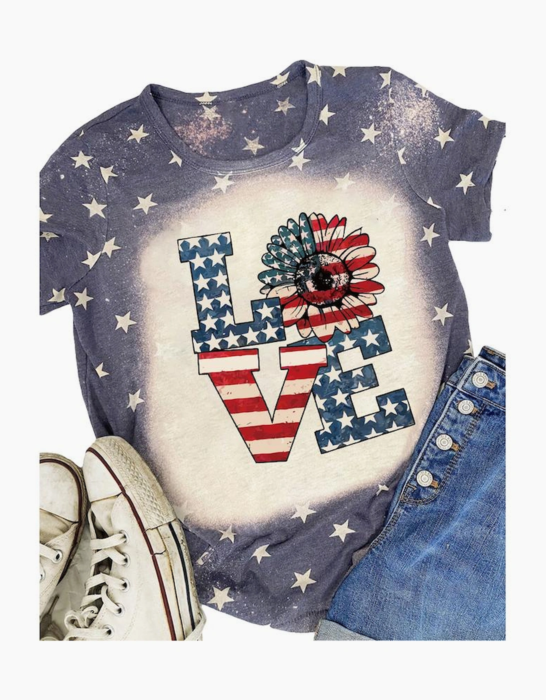 Blue Starlet Allover Bleached LOVE Sunflower Flag Graphic Tee, 3 of 2
