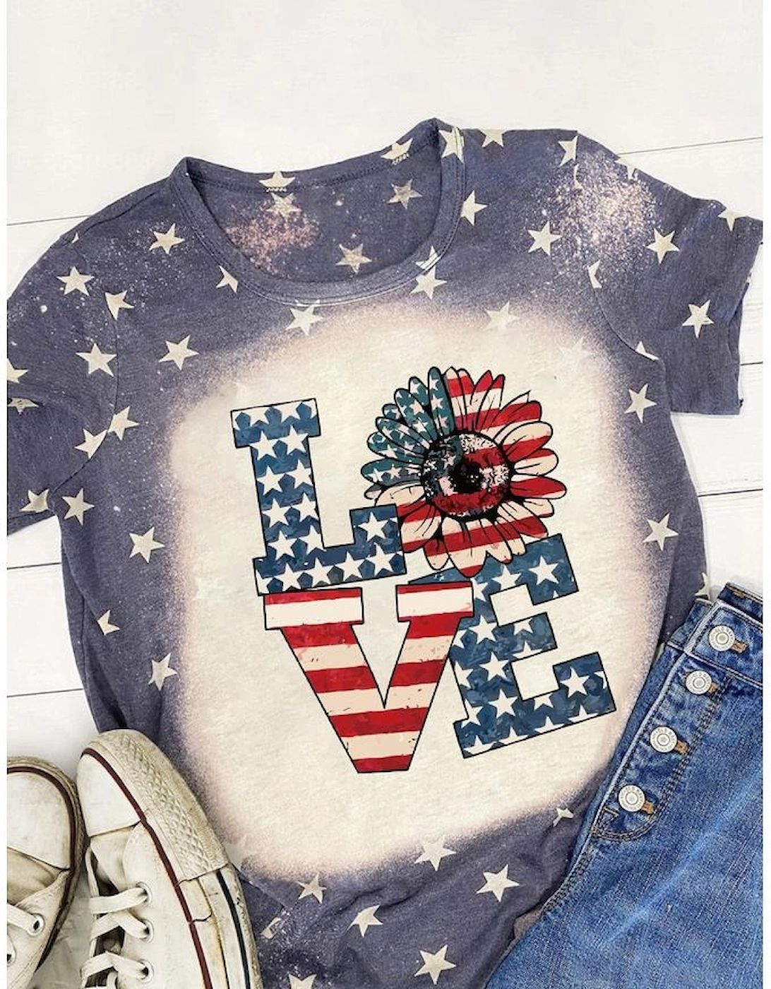 Blue Starlet Allover Bleached LOVE Sunflower Flag Graphic Tee