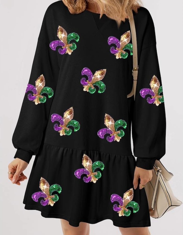Black Sequin Mardi Gras Symbolic Pattern Pullover Mini Dress
