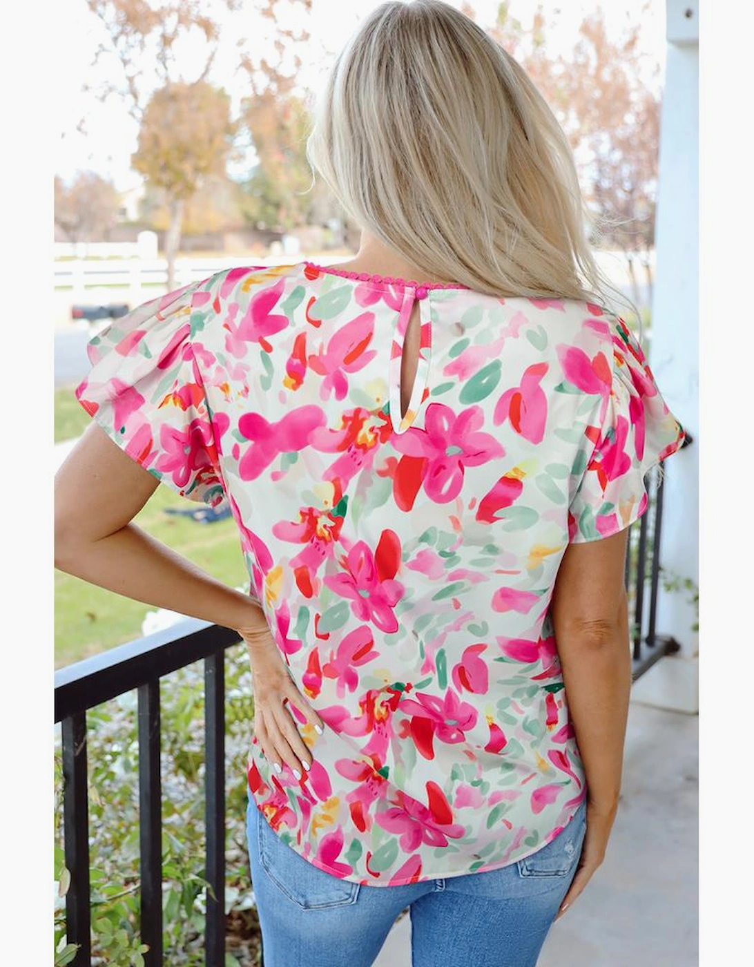 Rose Floral Print Flutter Sleeve Round Neck Casual Blouse, 11 of 10