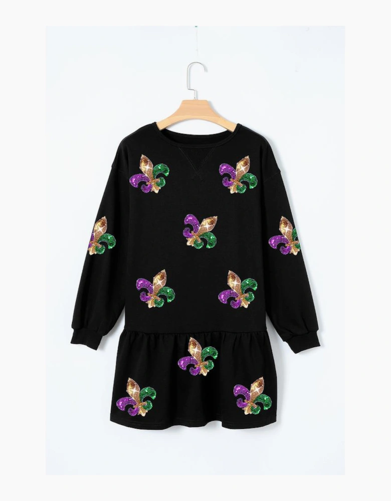 Black Sequin Mardi Gras Symbolic Pattern Pullover Mini Dress