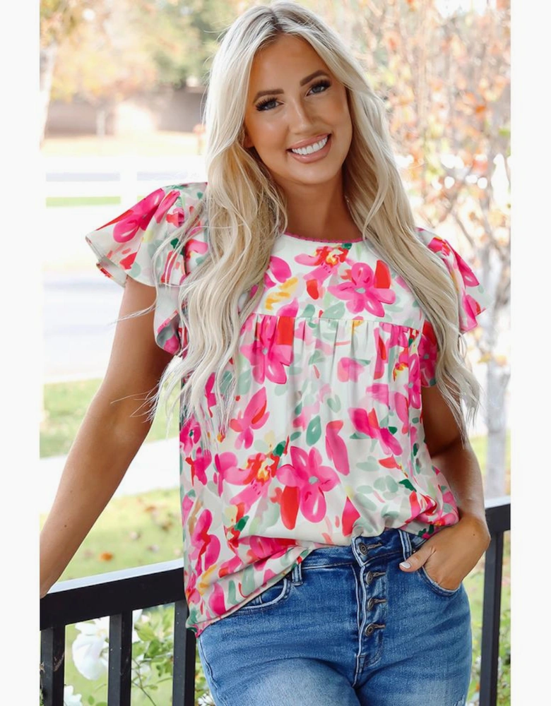 Rose Floral Print Flutter Sleeve Round Neck Casual Blouse