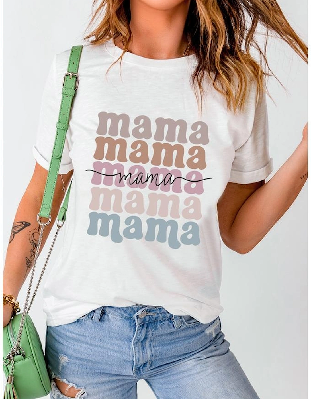 White mama Lettering Printed Crew Neck Tee