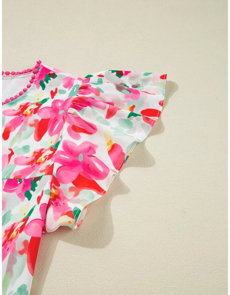 Rose Floral Print Flutter Sleeve Round Neck Casual Blouse