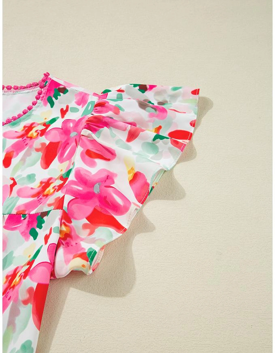 Rose Floral Print Flutter Sleeve Round Neck Casual Blouse