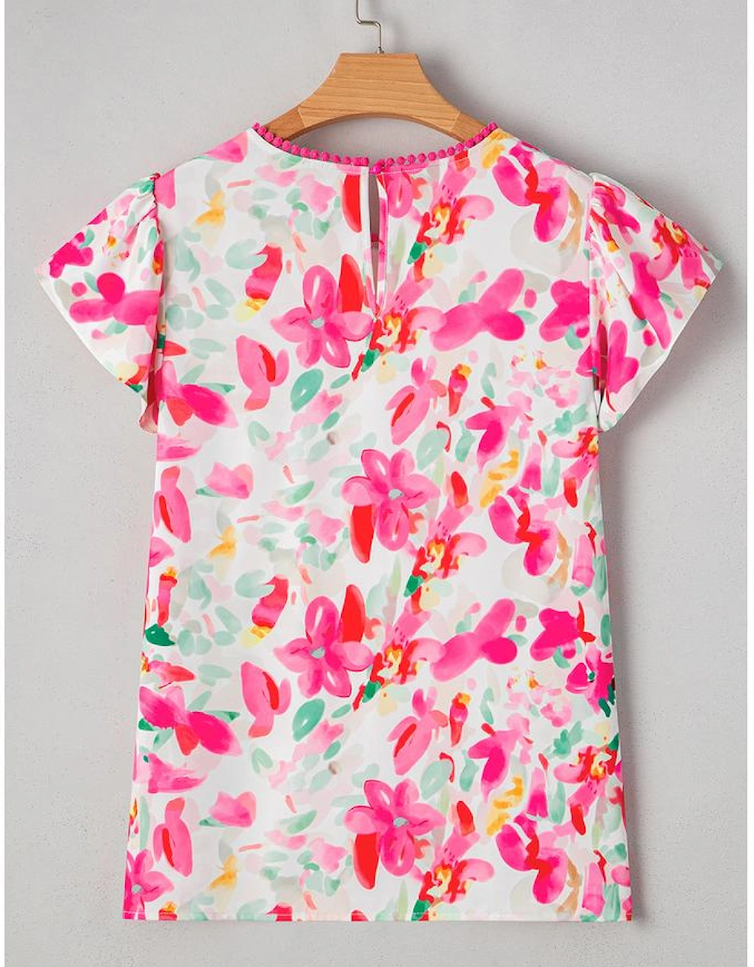 Rose Floral Print Flutter Sleeve Round Neck Casual Blouse