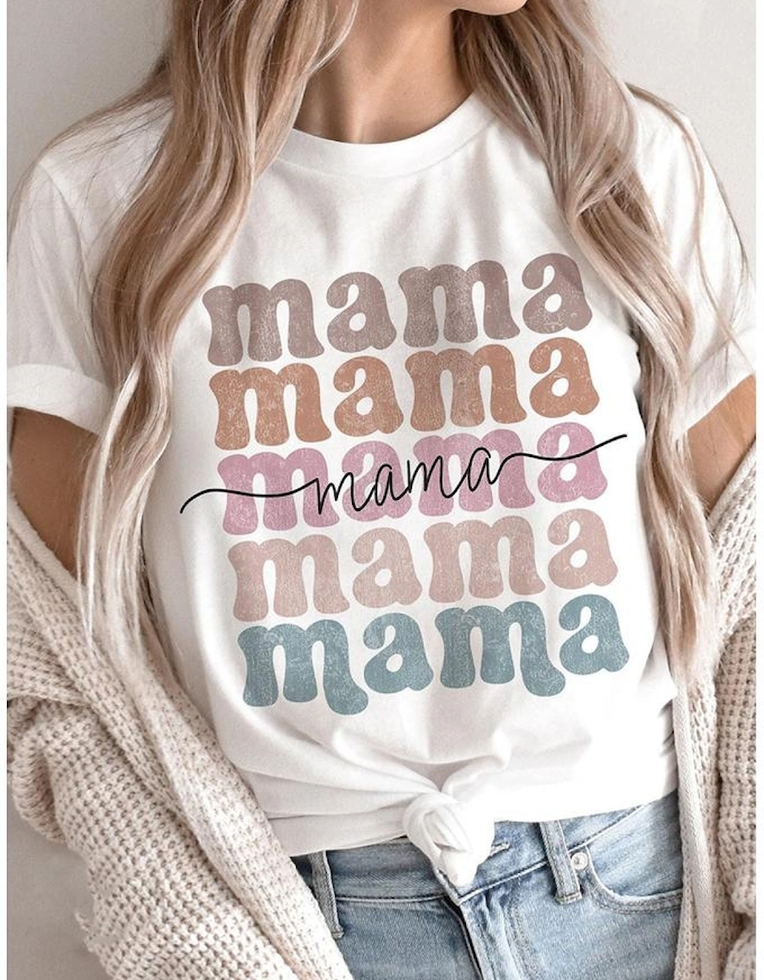 White mama Lettering Printed Crew Neck Tee