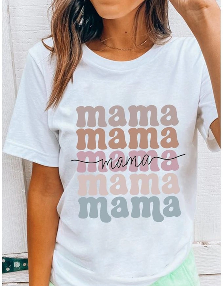 White mama Lettering Printed Crew Neck Tee