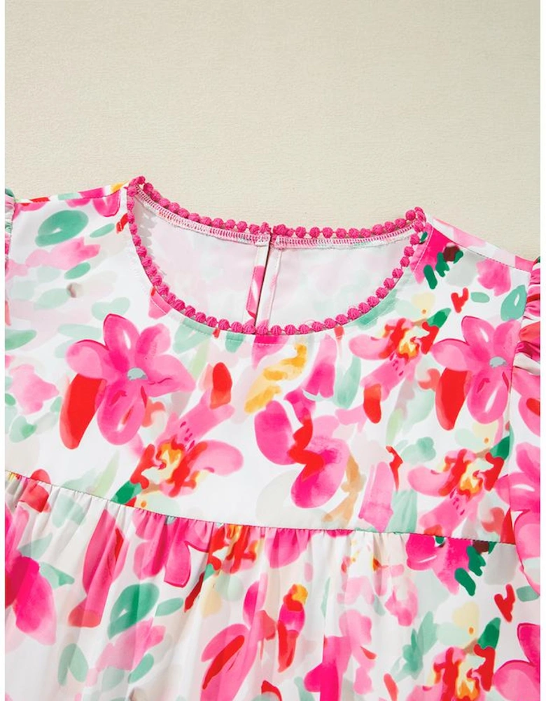 Rose Floral Print Flutter Sleeve Round Neck Casual Blouse