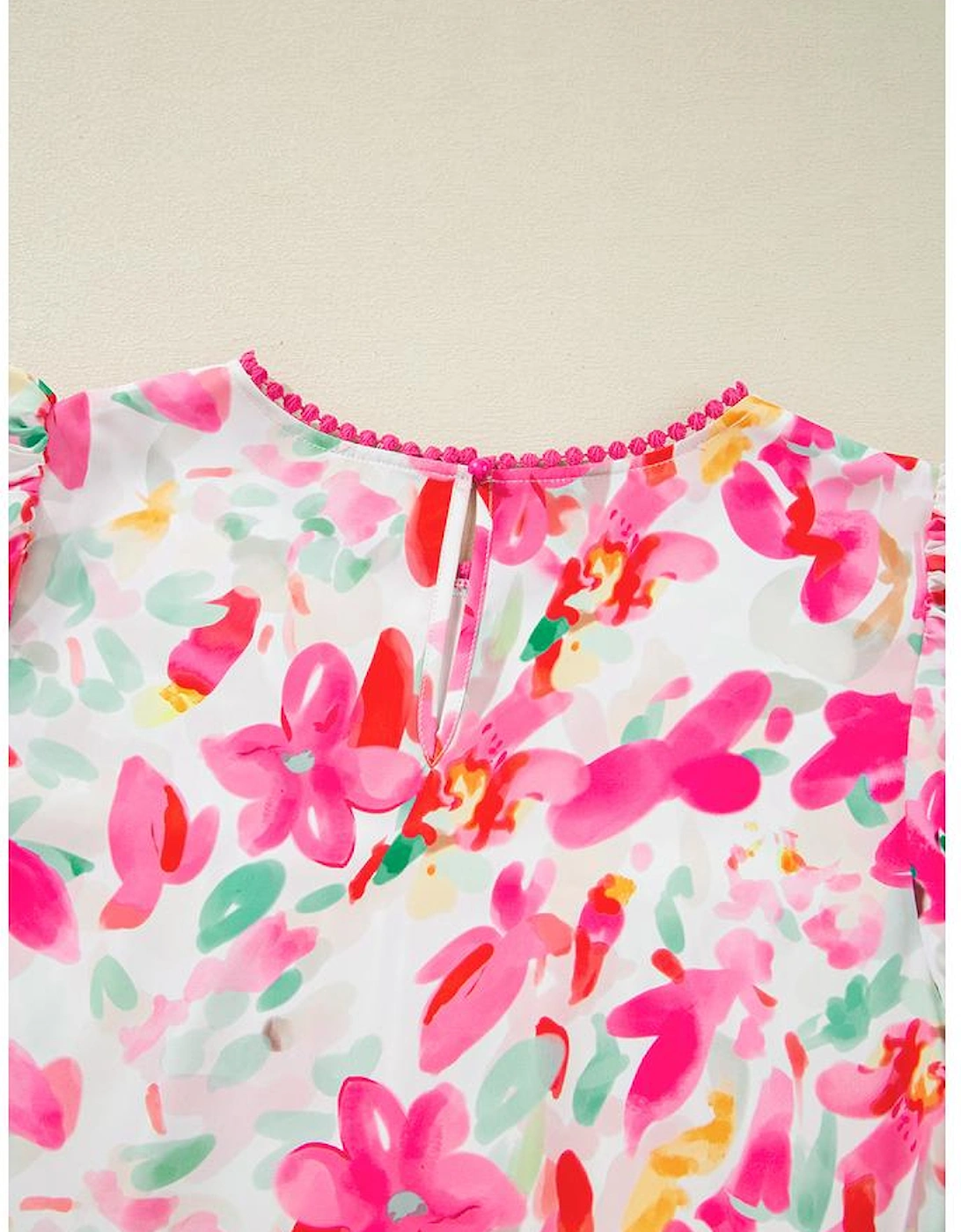 Rose Floral Print Flutter Sleeve Round Neck Casual Blouse