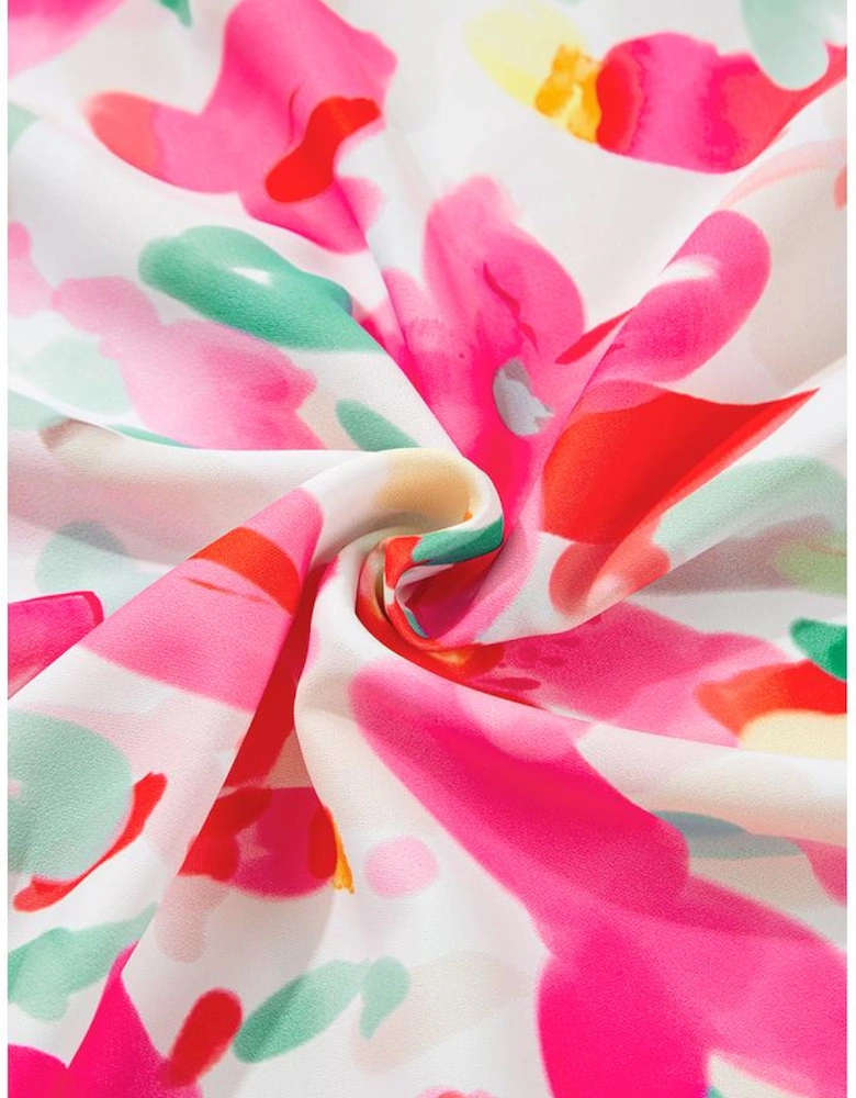 Rose Floral Print Flutter Sleeve Round Neck Casual Blouse