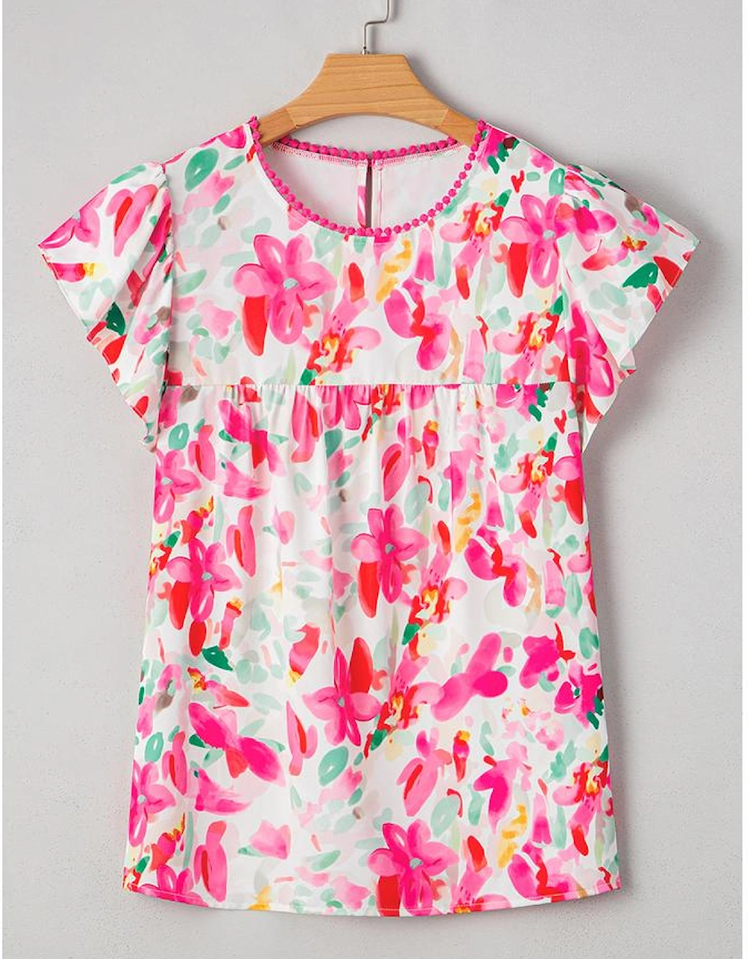 Rose Floral Print Flutter Sleeve Round Neck Casual Blouse