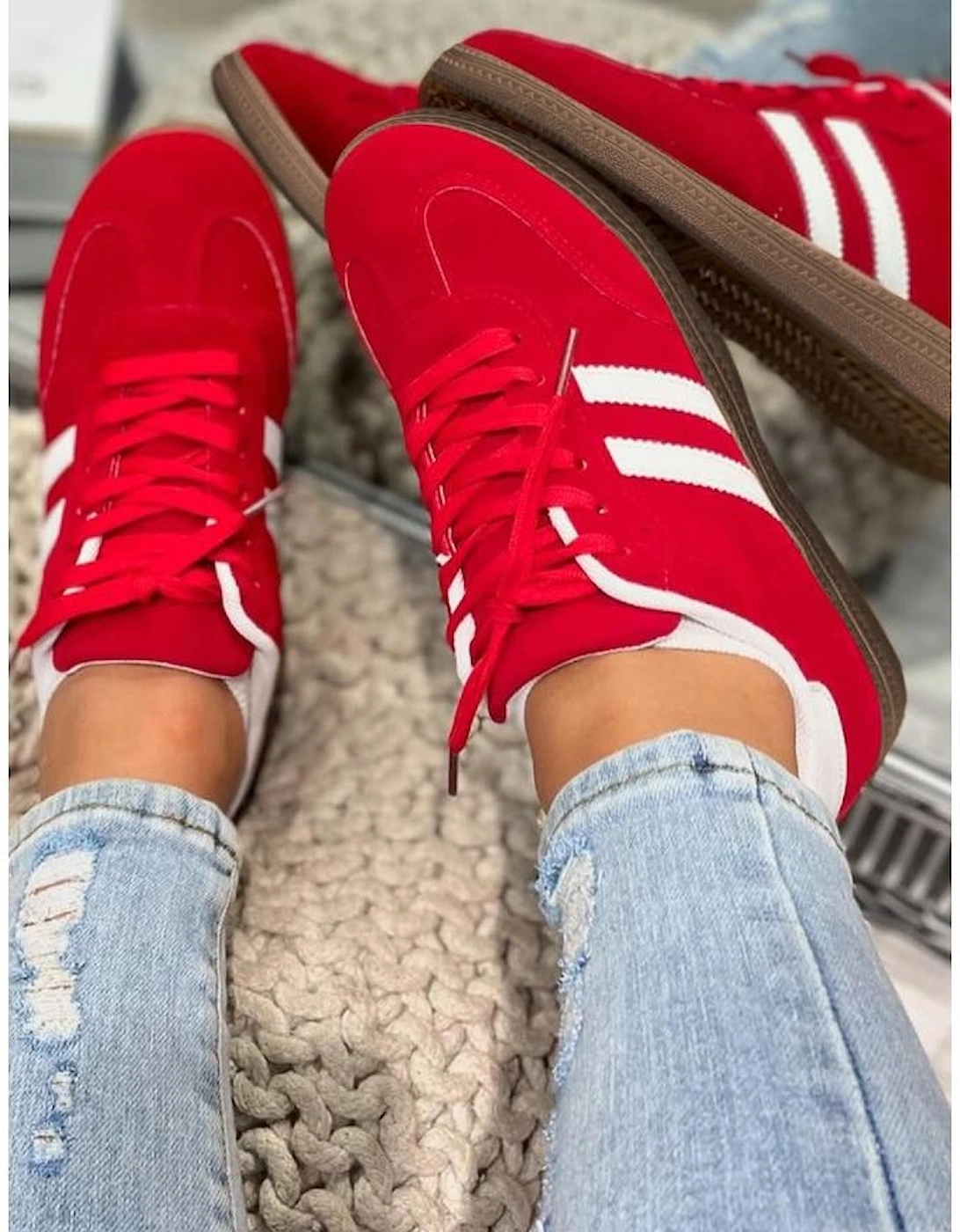 Fiery Red Vintage Striped Patchwork Lace-up Flat Shoes, 8 of 7