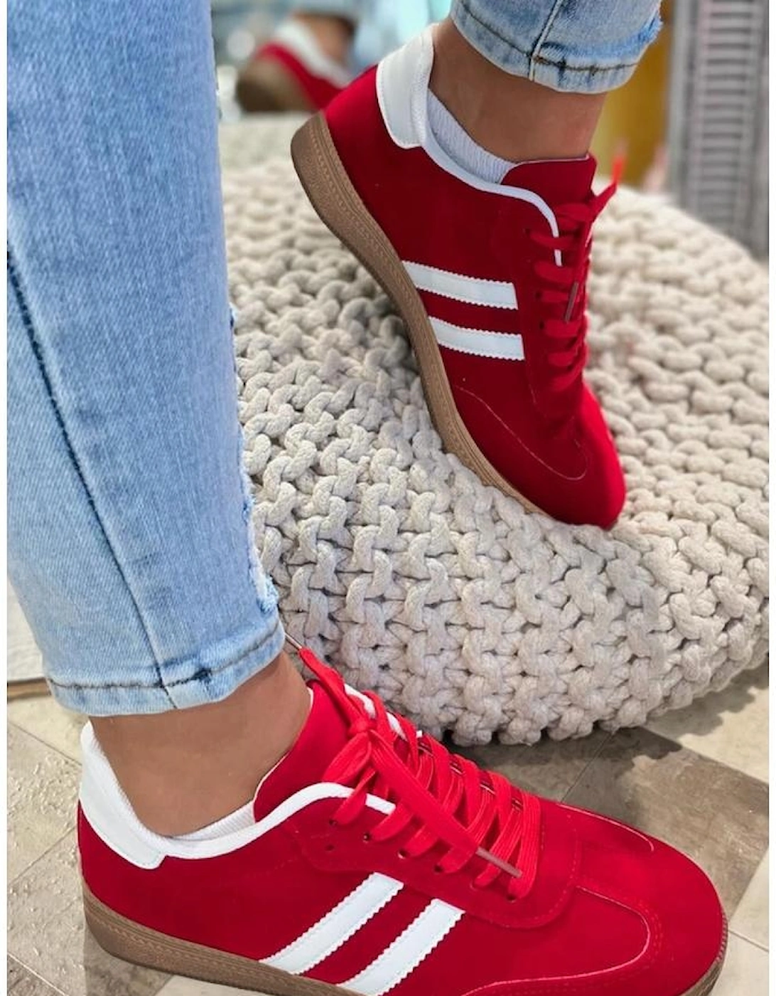 Fiery Red Vintage Striped Patchwork Lace-up Flat Shoes
