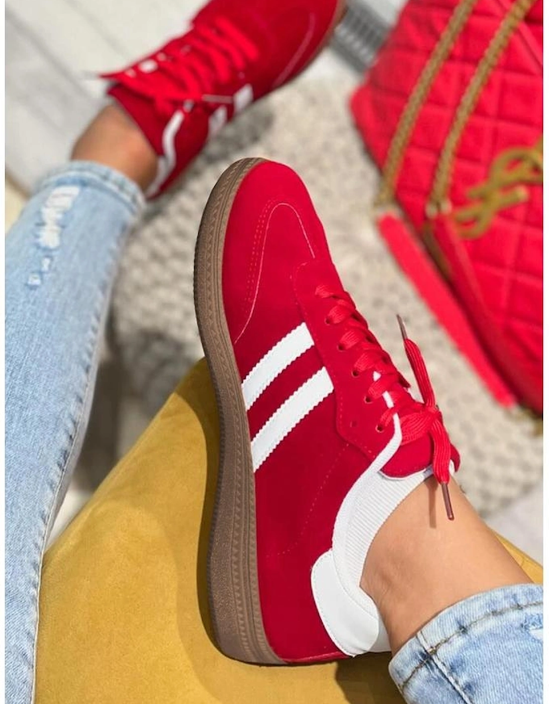 Fiery Red Vintage Striped Patchwork Lace-up Flat Shoes