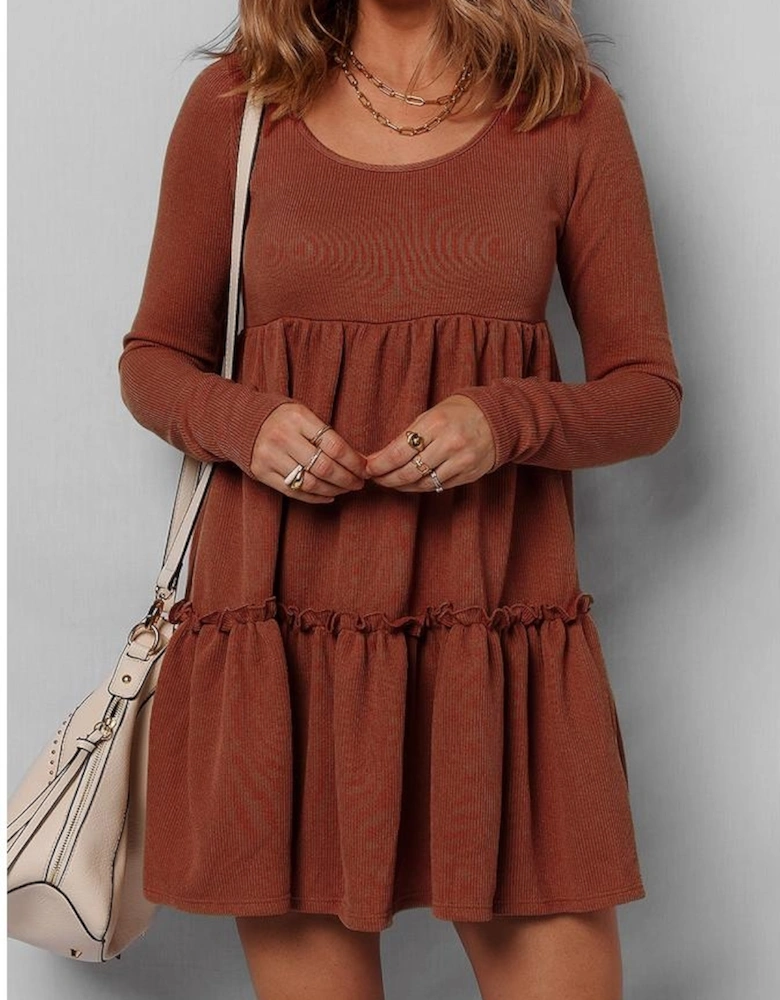 Straw Yellow Ribbed Frilled Trim High Waist Long Sleeve Mini Dress