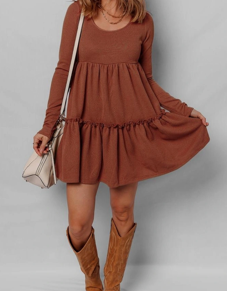 Straw Yellow Ribbed Frilled Trim High Waist Long Sleeve Mini Dress