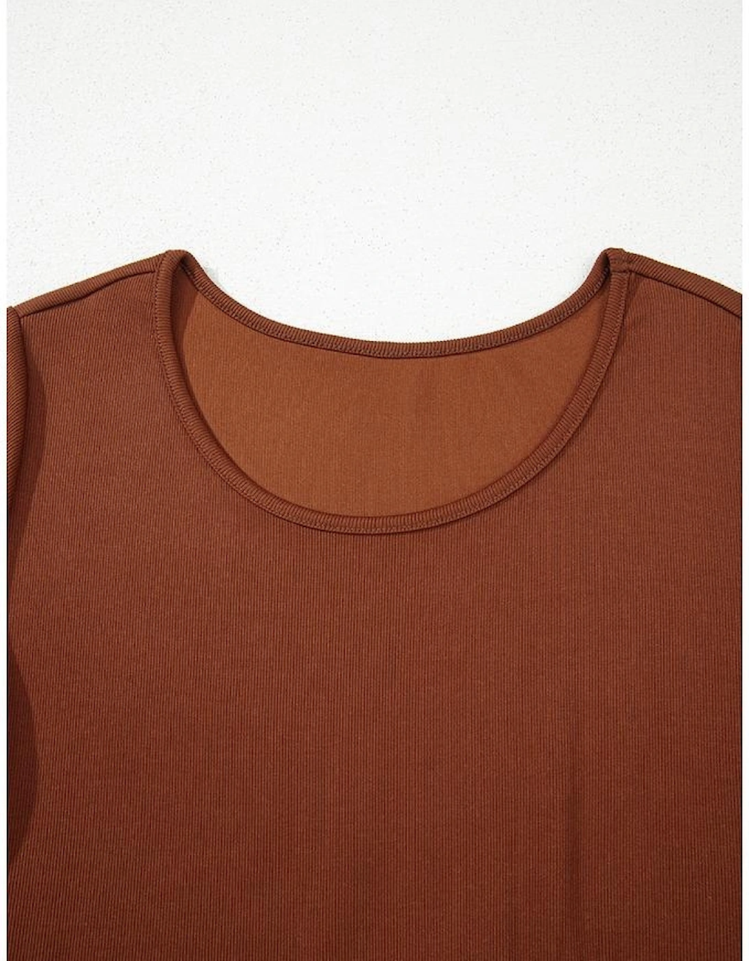 Straw Yellow Ribbed Frilled Trim High Waist Long Sleeve Mini Dress