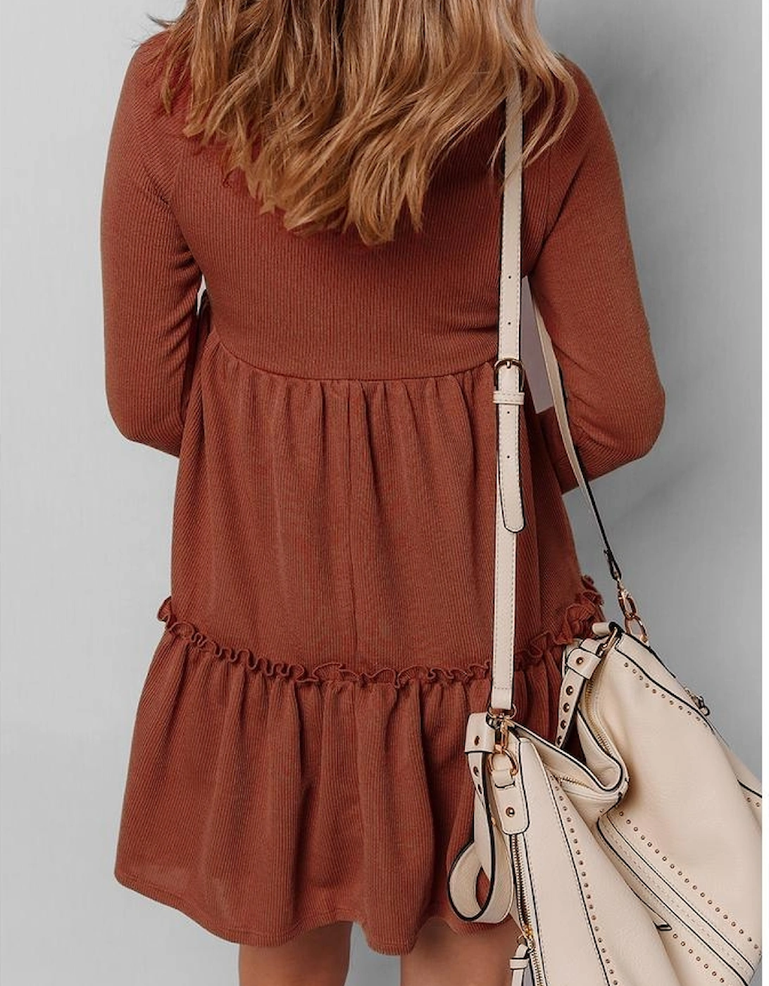 Straw Yellow Ribbed Frilled Trim High Waist Long Sleeve Mini Dress, 16 of 15