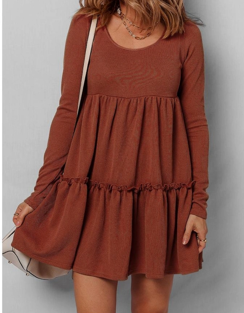 Straw Yellow Ribbed Frilled Trim High Waist Long Sleeve Mini Dress