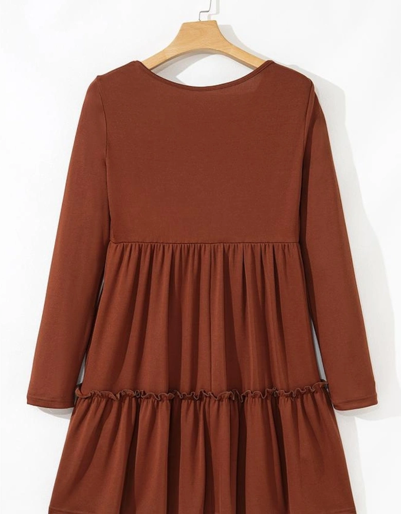 Straw Yellow Ribbed Frilled Trim High Waist Long Sleeve Mini Dress