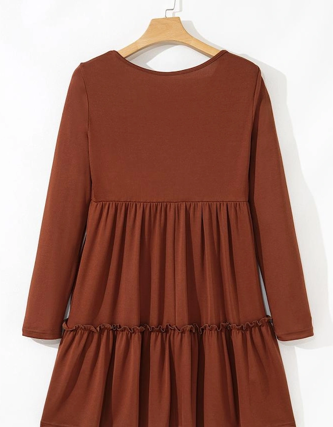 Straw Yellow Ribbed Frilled Trim High Waist Long Sleeve Mini Dress