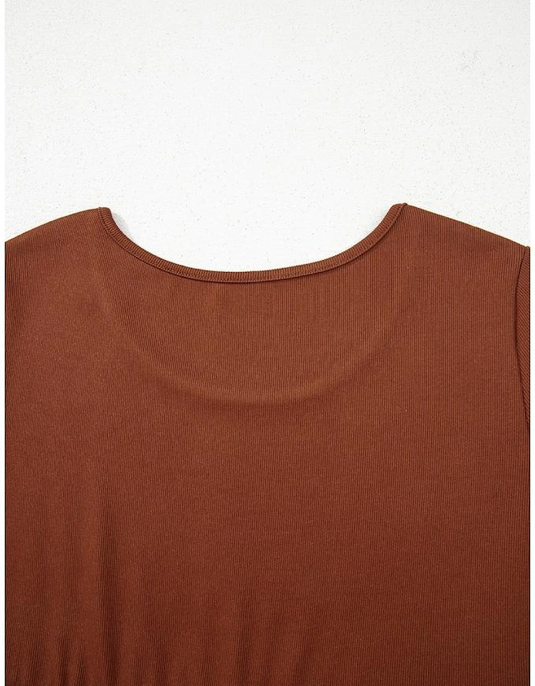 Straw Yellow Ribbed Frilled Trim High Waist Long Sleeve Mini Dress