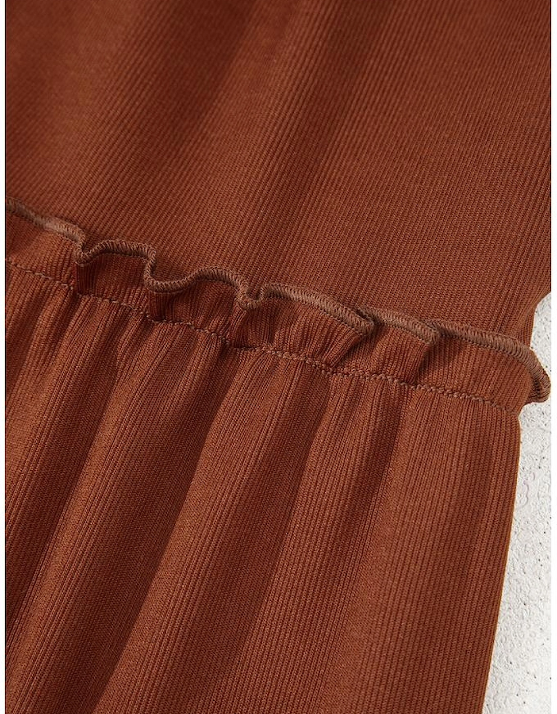 Straw Yellow Ribbed Frilled Trim High Waist Long Sleeve Mini Dress