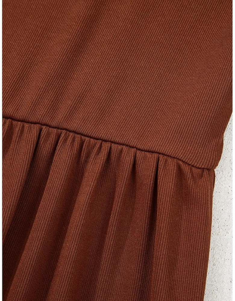 Straw Yellow Ribbed Frilled Trim High Waist Long Sleeve Mini Dress