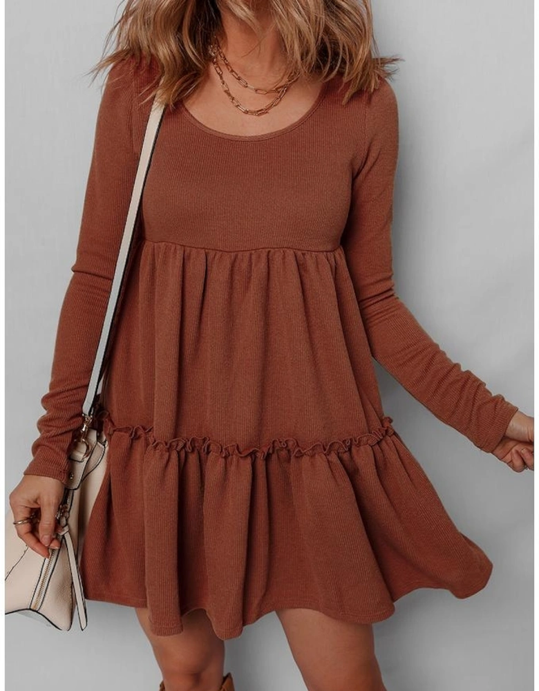 Straw Yellow Ribbed Frilled Trim High Waist Long Sleeve Mini Dress