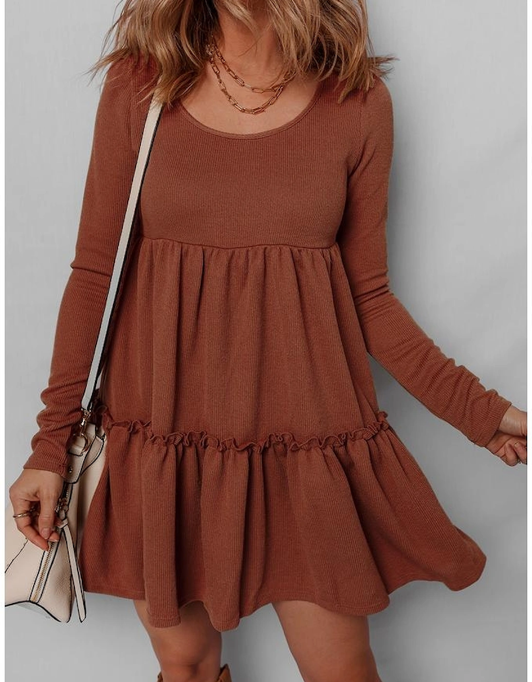 Straw Yellow Ribbed Frilled Trim High Waist Long Sleeve Mini Dress