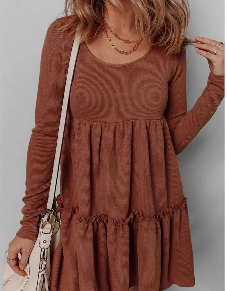 Straw Yellow Ribbed Frilled Trim High Waist Long Sleeve Mini Dress