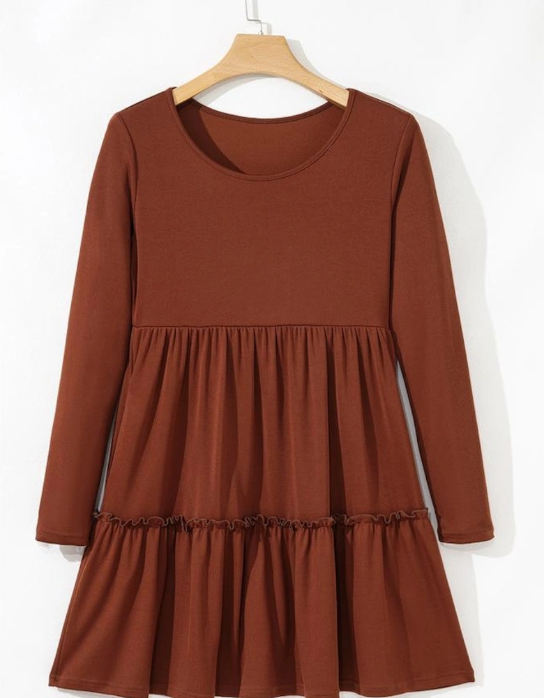 Straw Yellow Ribbed Frilled Trim High Waist Long Sleeve Mini Dress