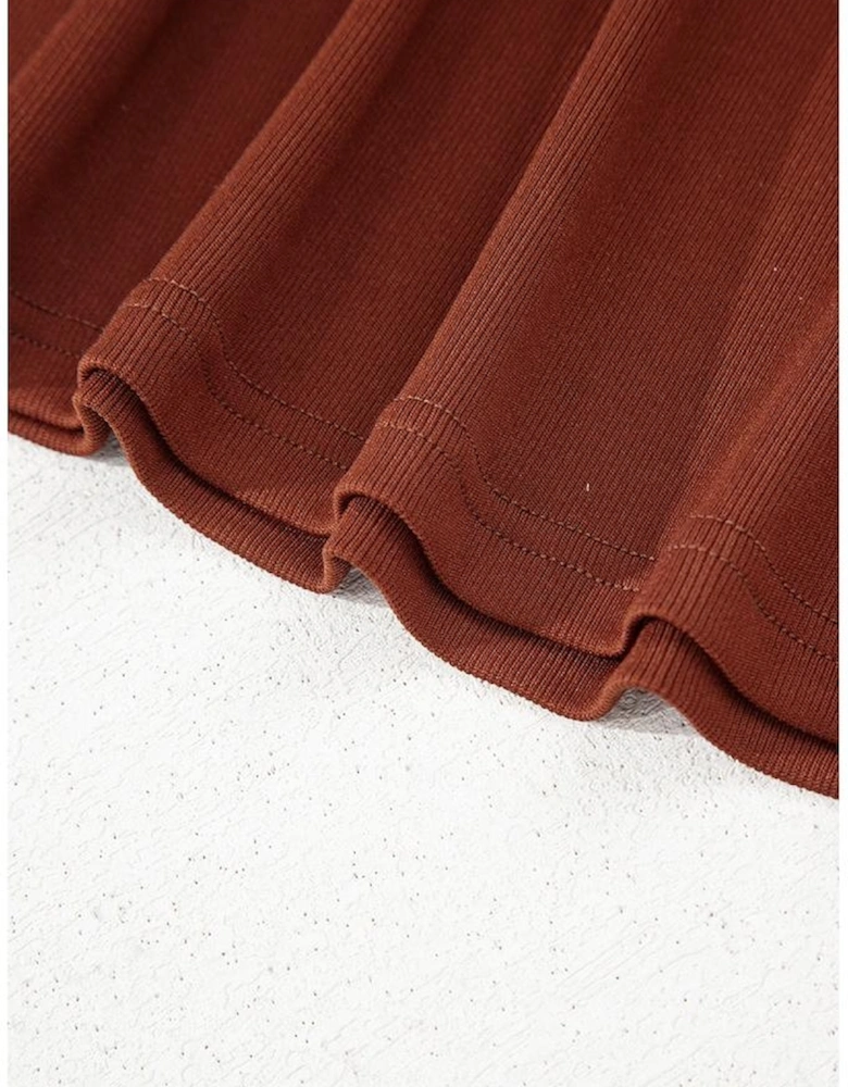 Straw Yellow Ribbed Frilled Trim High Waist Long Sleeve Mini Dress