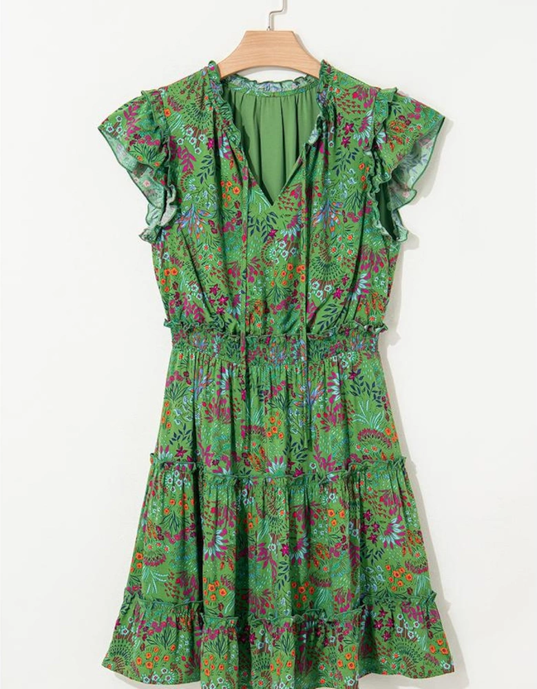 Green Floral Tie Split Neck Frilly Ruffle Trim Tiered Short Dress