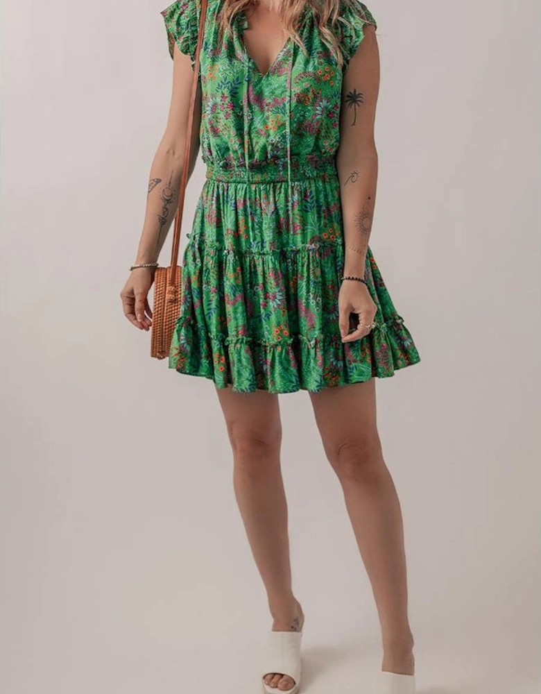 Green Floral Tie Split Neck Frilly Ruffle Trim Tiered Short Dress