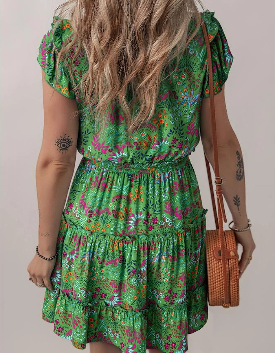 Green Floral Tie Split Neck Frilly Ruffle Trim Tiered Short Dress