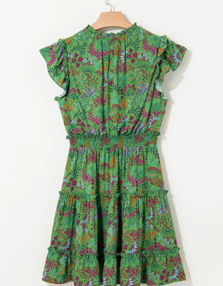 Green Floral Tie Split Neck Frilly Ruffle Trim Tiered Short Dress