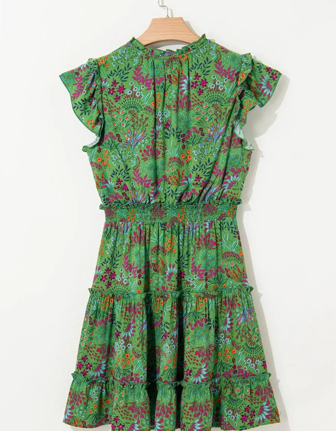 Green Floral Tie Split Neck Frilly Ruffle Trim Tiered Short Dress