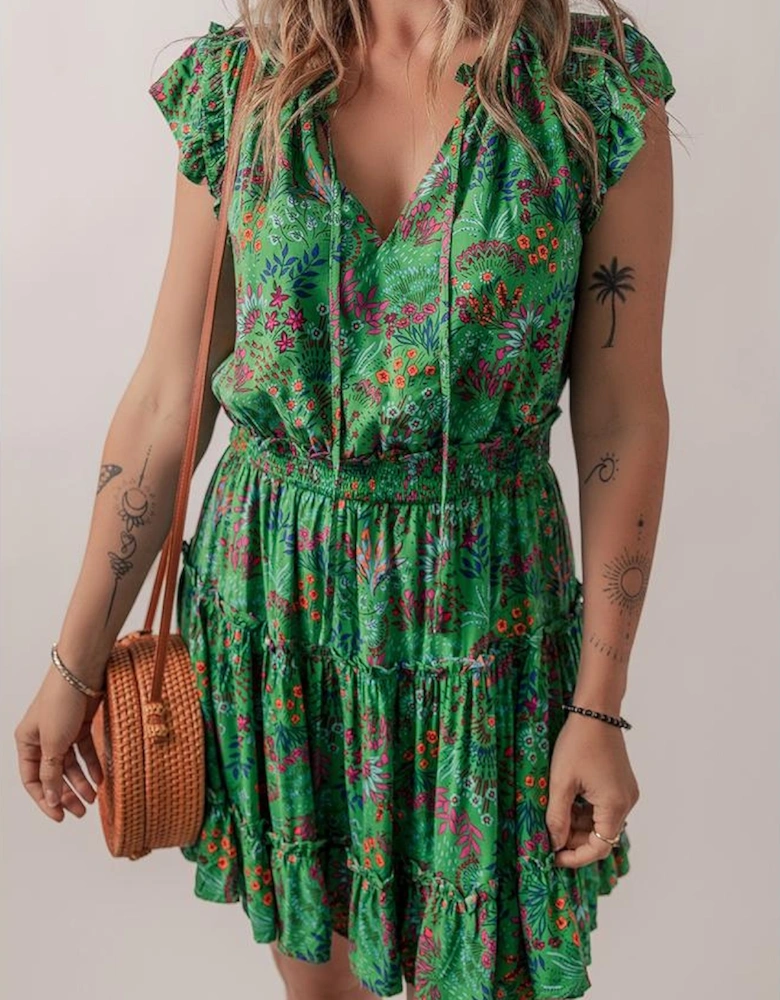 Green Floral Tie Split Neck Frilly Ruffle Trim Tiered Short Dress