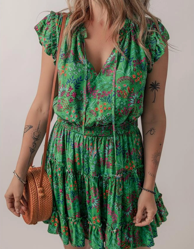 Green Floral Tie Split Neck Frilly Ruffle Trim Tiered Short Dress