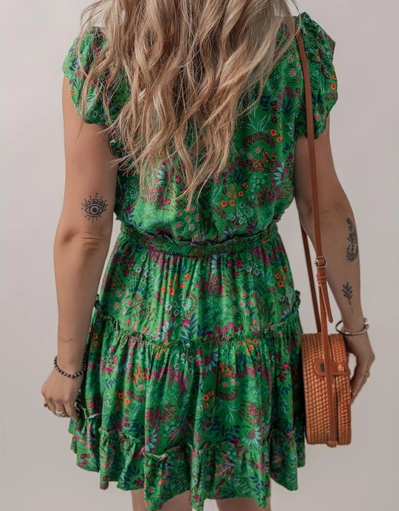 Green Floral Tie Split Neck Frilly Ruffle Trim Tiered Short Dress