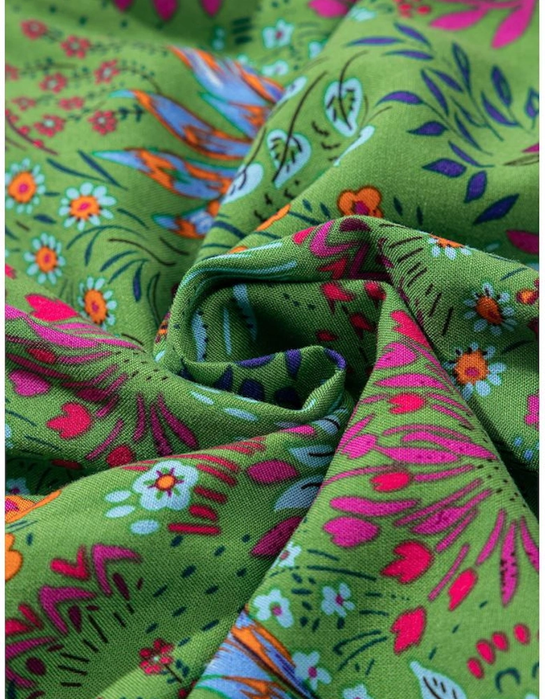 Green Floral Tie Split Neck Frilly Ruffle Trim Tiered Short Dress