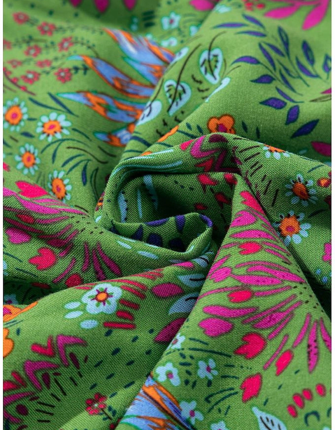 Green Floral Tie Split Neck Frilly Ruffle Trim Tiered Short Dress