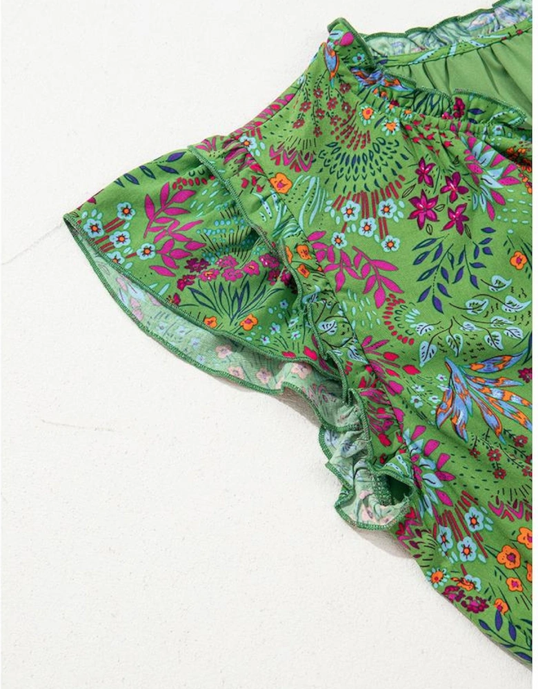 Green Floral Tie Split Neck Frilly Ruffle Trim Tiered Short Dress