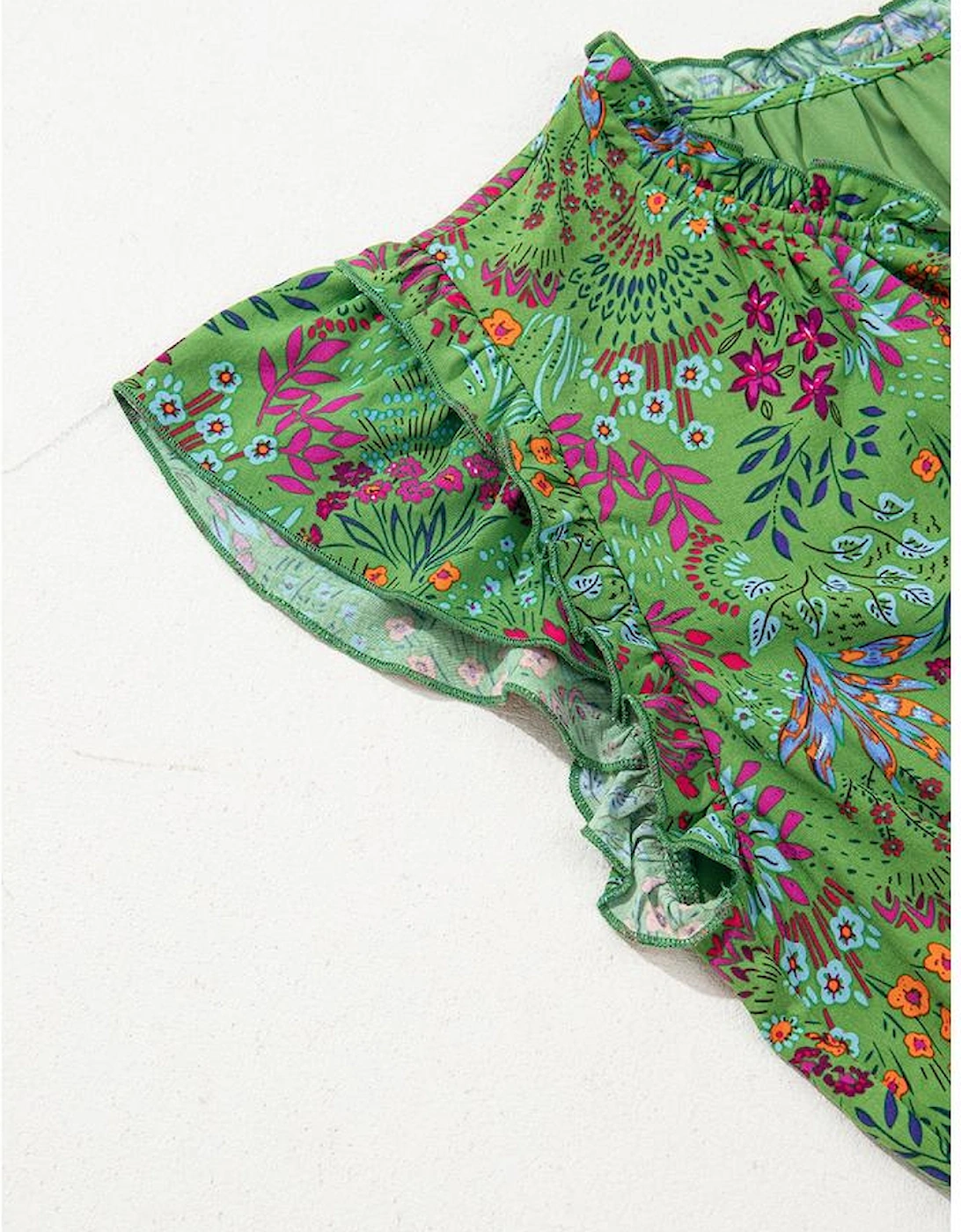 Green Floral Tie Split Neck Frilly Ruffle Trim Tiered Short Dress