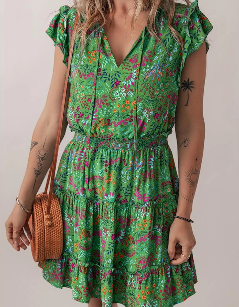 Green Floral Tie Split Neck Frilly Ruffle Trim Tiered Short Dress