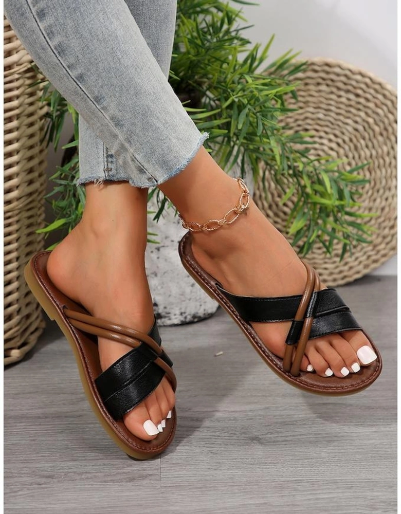 Black Criss Cross PU Leather Flat Slippers